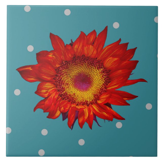 Bright Red Sunflower on Blue Ceramic Tile (Front)