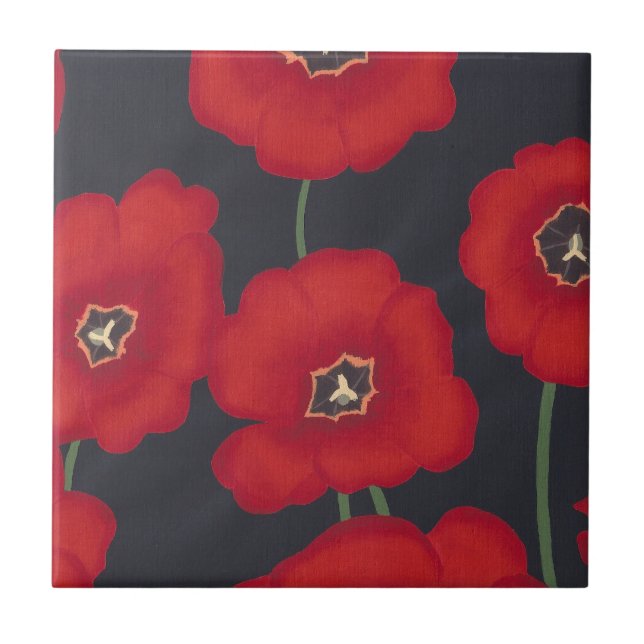 Bright Red Tulips on Black, Ceramic Tiles (Front)