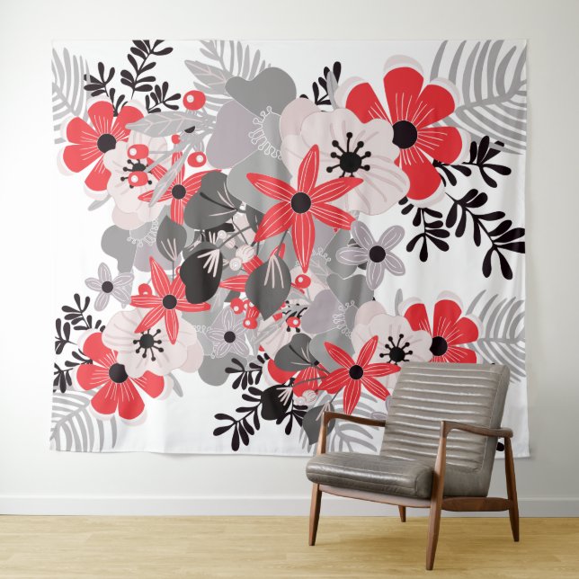 Bright Red Ultimate Grey Boho Floral Tapestry (In Situ (Horizontal))