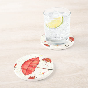 Bright red umbrella and red leaves watercolor coaster