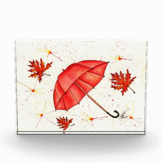 Bright red umbrella and red leaves watercolor photo block (Front)