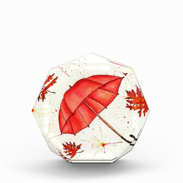 Bright red umbrella and red leaves watercolor photo block (Front)