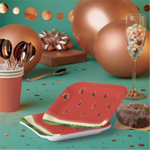 Bright Red Watercolor Watermelon Paper Plate
