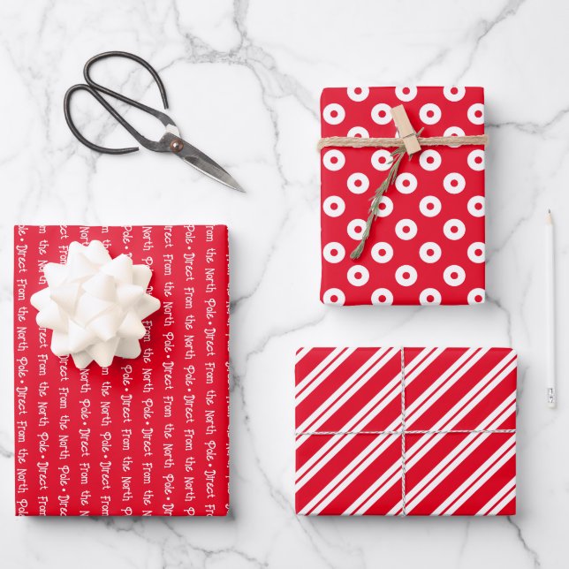 Bright Red & White Coordinated Christmas Wrapping Paper Sheet (Front)