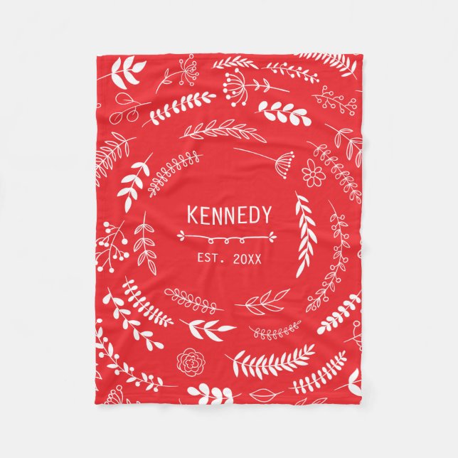 Bright Red White Leaves Floral Monogram Pattern Fleece Blanket (Front)