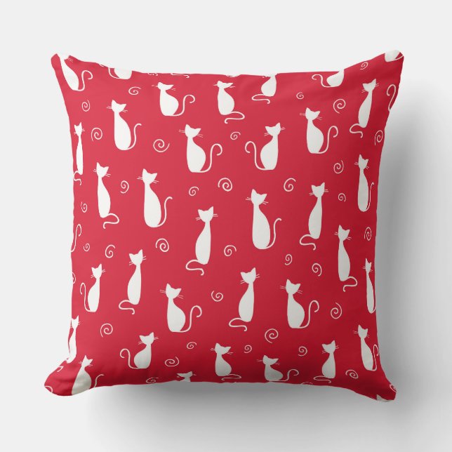 BRIGHT RED WITH WHITE CAT SILHOUETTES CUSHION (Front)
