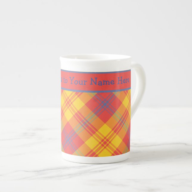 Bright Red Yellow and Blue Plaid Bone China Mug (Front Right)