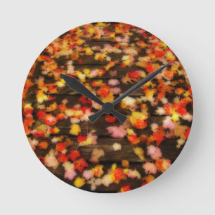 Bright Red Yellow Autumn Maple Leaves Round Clock