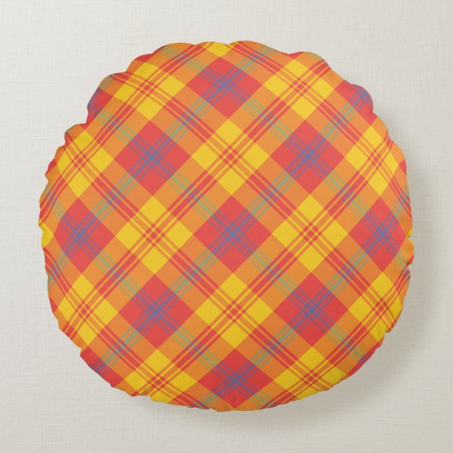 Bright Red Yellow Blue Plaid Round Pillow, Cushion (Front)