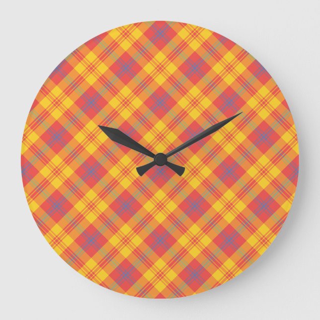 Bright Red Yellow Blue Plaid Round Wall Clock (Front)