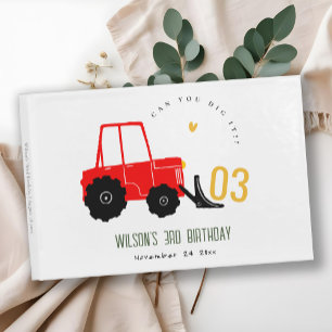 Bright Red Yellow Digger Kids Any Age Birthday Guest Book