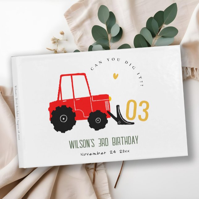Bright Red Yellow Digger Kids Any Age Birthday Guest Book (Creator Uploaded)