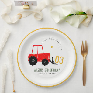 Bright Red Yellow Digger Kids Any Age Birthday Paper Plate