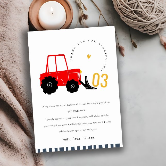 Bright Red Yellow Digger Kids Any Age Birthday Thank You Card (Creator Uploaded)