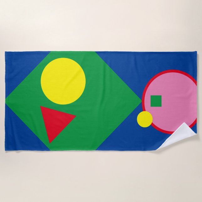Bright Red, Yellow, Pink Geometry Mod Beach Towel (Front)
