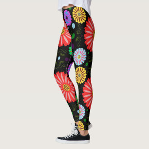 Bright Retro Floral Pattern Colourful Folk Art Leggings