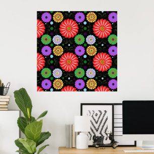 Bright Retro Floral Pattern Colourful Folk Art Poster