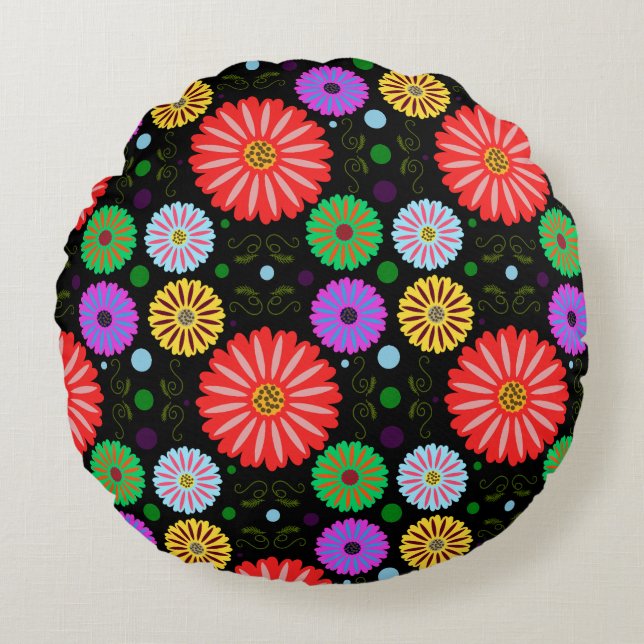 Bright Retro Floral Pattern Colourful Folk Art  Round Cushion (Front)