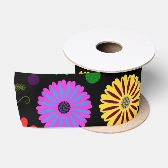 Bright Retro Floral Pattern Colourful Folk Art  Satin Ribbon (Spool)