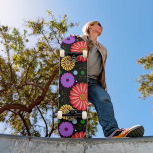 Bright Retro Floral Pattern Colourful Folk Art Skateboard