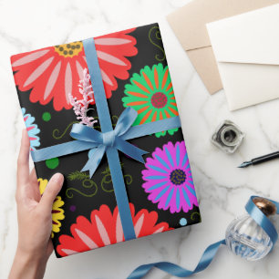 Bright Retro Floral Pattern Colourful Folk Art Wrapping Paper