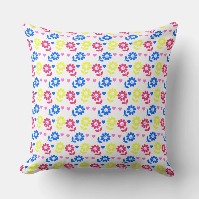 Bright Retro Floral Pattern with Hearts  Cushion (Front)