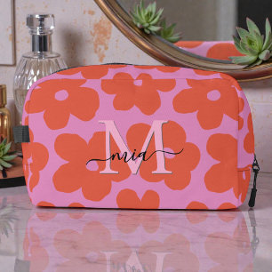 Bright Retro Floral Pink Orange Monogram Dopp Kit