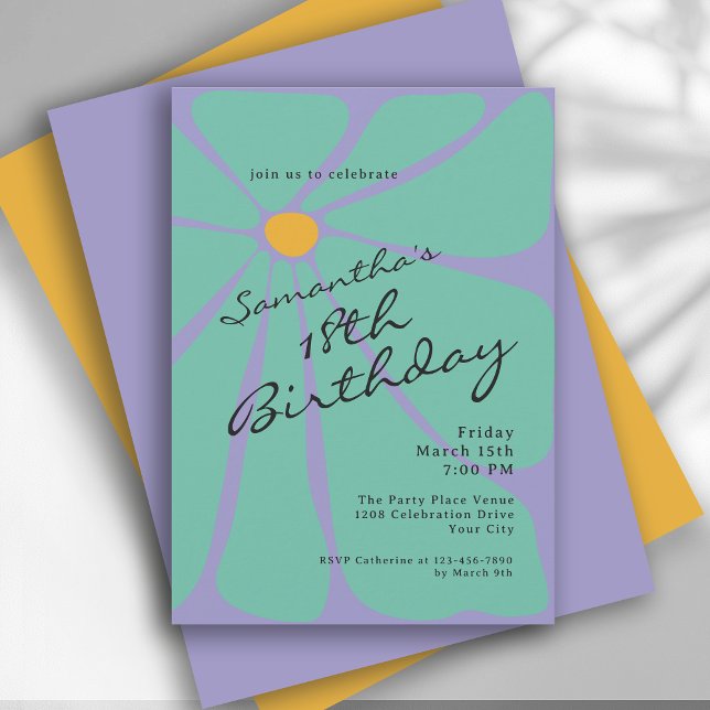 Bright Retro Flower Power 18th Birthday Invitation (Available in both printed and instant download digital formats.)