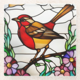 Bright Robin in Stained Glass Coaster