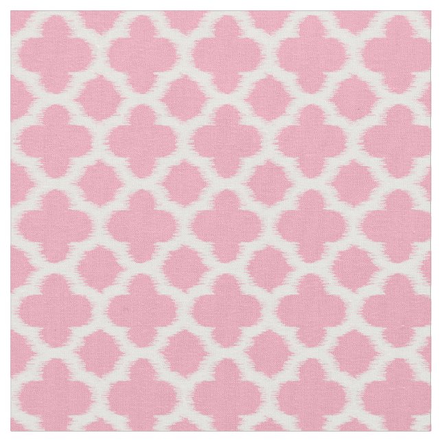 Bright Rose Pink White Ikat Quatrefoil Pattern Fabric (Close Up)