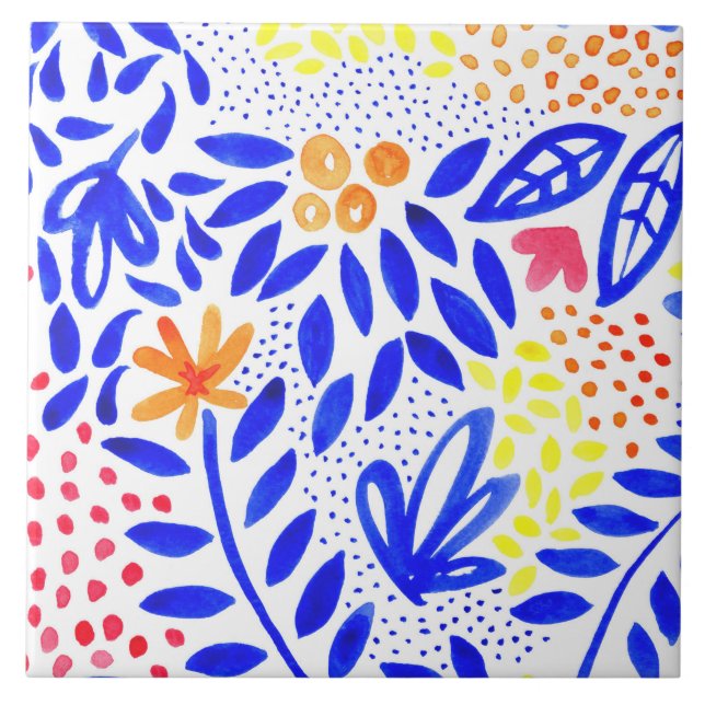 Bright Royal Blue Floral Spring Pattern Tile (Front)