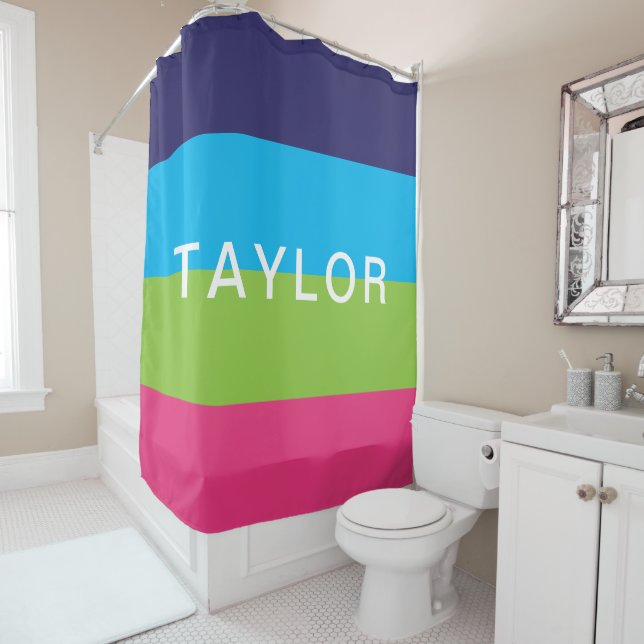 Bright Rugby Stripes Personalised Shower Curtain (In Situ)