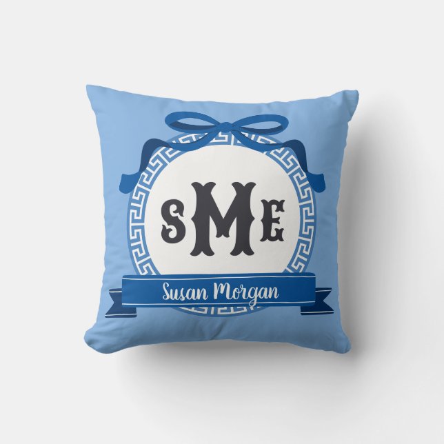 Bright Sail Blue Reverse Greek Key Bow Monogram Cushion (Front)
