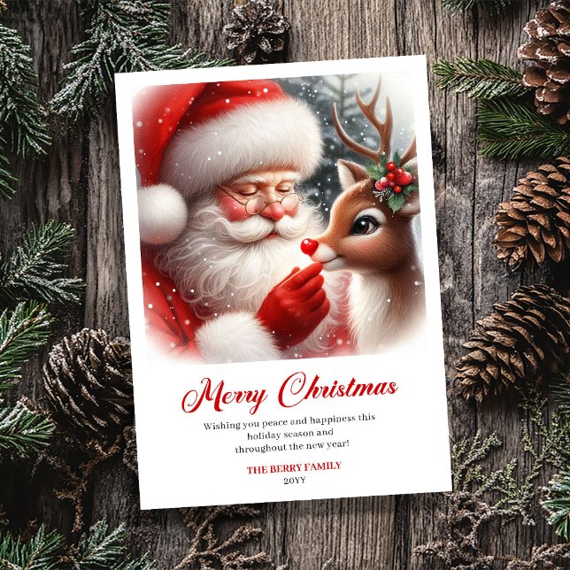 Bright Santa And Rudolph Merry Christmas Greeting  Holiday Card (Bright Santa And Rudolph Merry Christmas Greeting Card)