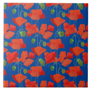 Bright Scarlet Poppies on Blue Floral Pattern Tile
