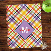 Bright School Plaid Monogram Notebook Purple