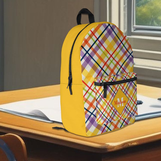 Bright School Plaid Yellow Monogram Printed Backpack (Creator Uploaded)