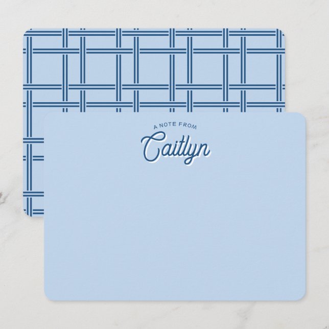 Bright Script Blue Basket Weave Personalised Flat Card (Front/Back)