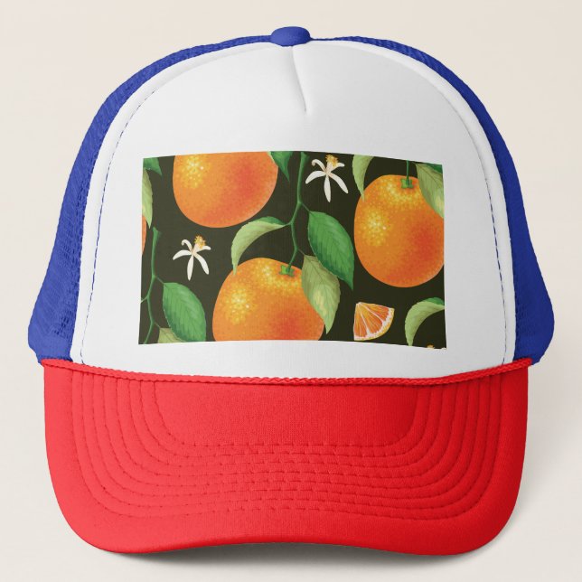 Bright seamless orange pattern design. trucker hat (Front)