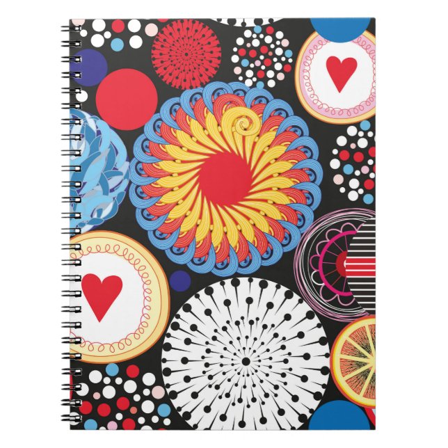 Bright seamless pattern of different round element notebook (Front)