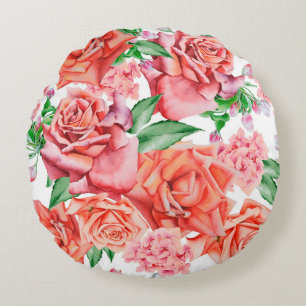 Bright seamless pattern with flowers. Rose. Waterc Round Cushion
