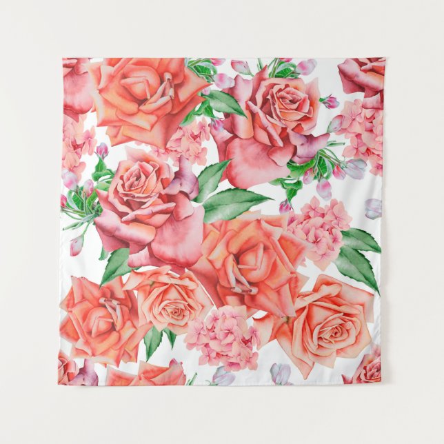 Bright seamless pattern with flowers. Rose. Waterc Tapestry (Front)