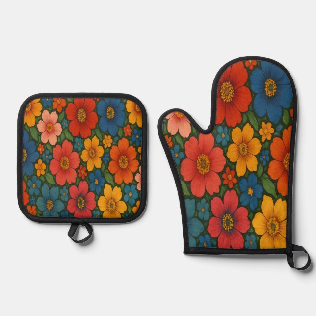 Bright Seamless Wildflower Pattern  Oven Mitt & Pot Holder Set (Front)