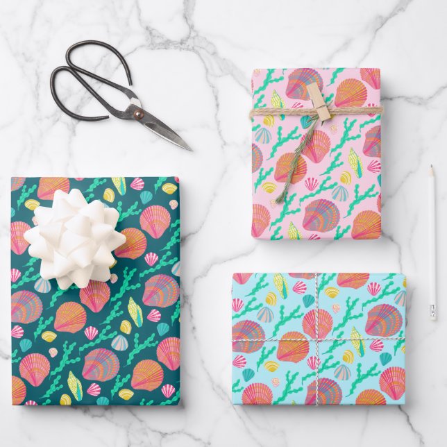 Bright Seashells and Seaweed Pattern  Wrapping Paper Sheet (Front)