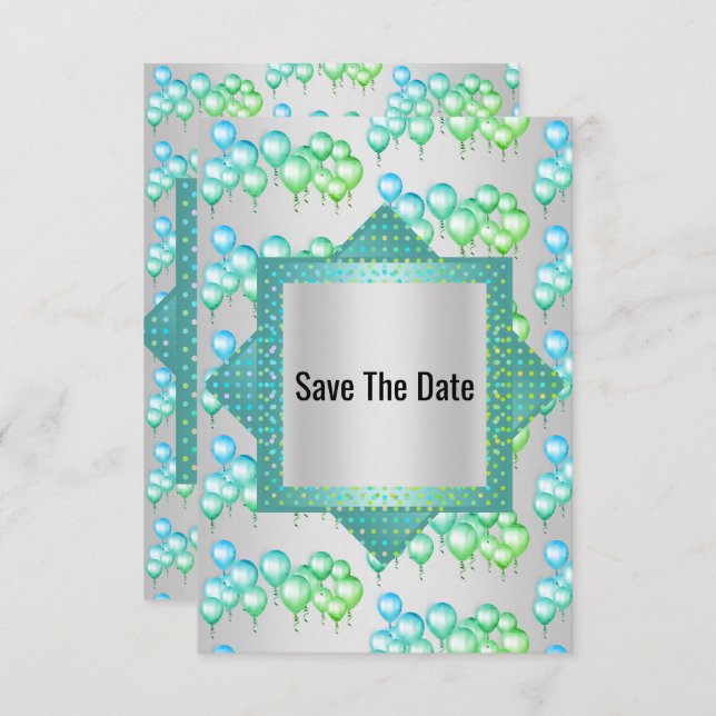 Bright Silver Green Balloon Save the Date Invitation (Front/Back)