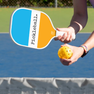 Bright Sky Blue Golden Yellow White Text Stripes Pickleball Paddle