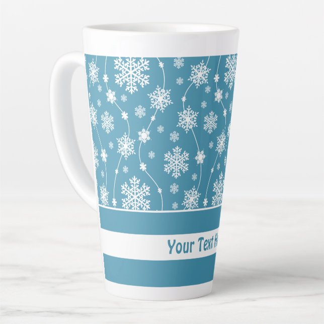 Bright Sky Blue Winter White Snowflake Pattern Latte Mug (Left Angle)