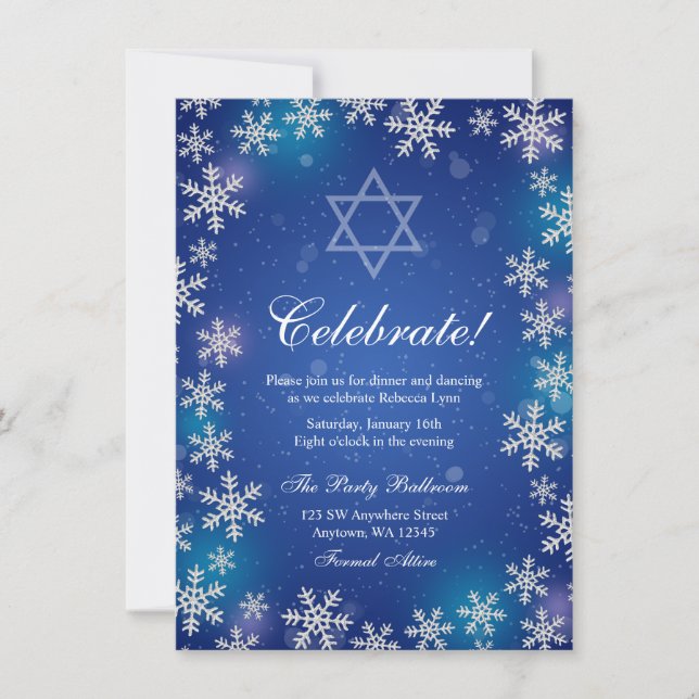 Bright Snowflake Blue Winter Bat Mitzvah Reception Invitation (Front)