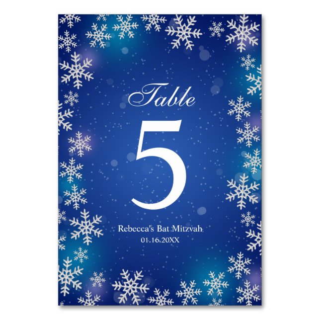 Bright Snowflakes Blue Winter Bat Mitzvah Table Table Number (Front)