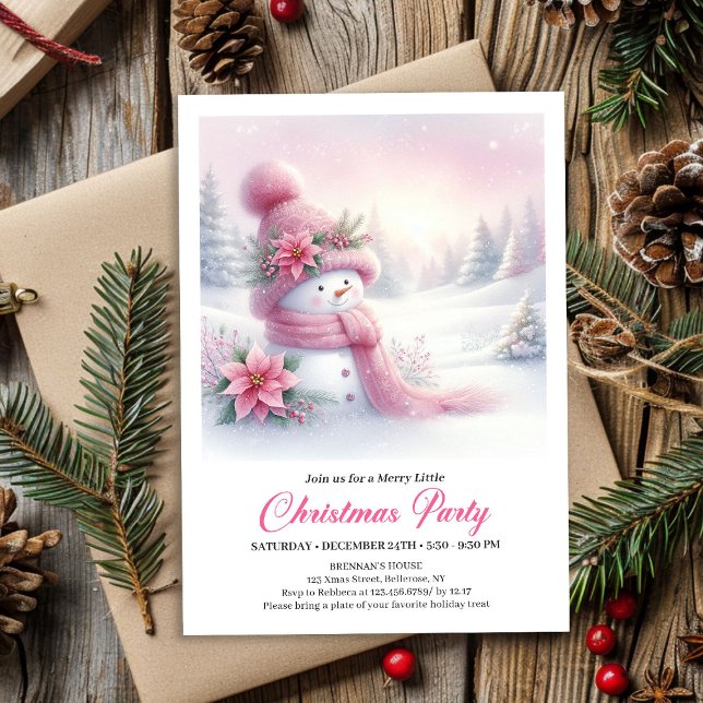 Bright Snowy Forest Pink Snowman Christmas Invite  (Bright Snowy Forest Pink Snowman Christmas Invite Digital)